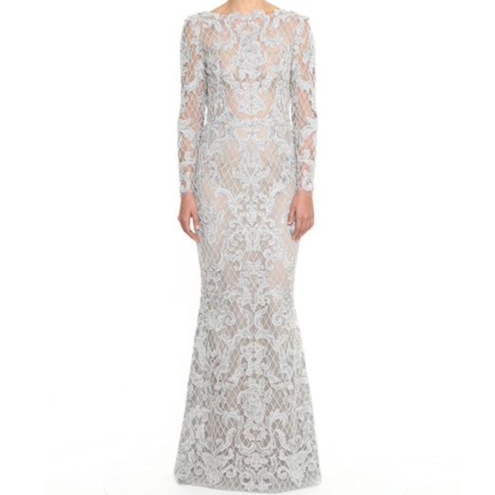 Marchesa: Designer Silver Beaded Embroidered Damask Lace Long Sleeve Gown